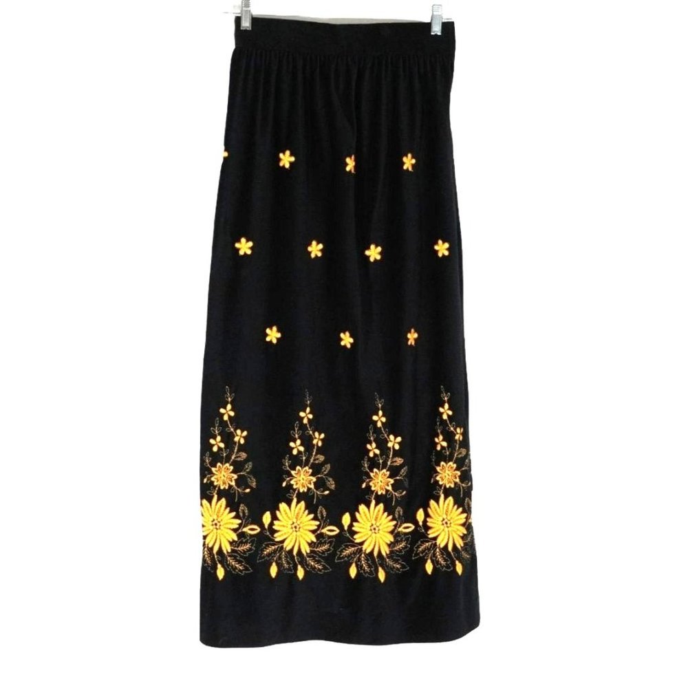 Vintage Black Maxi Skirt Yellow Embroidered Flowers by Elinor Gay Velveteen Long